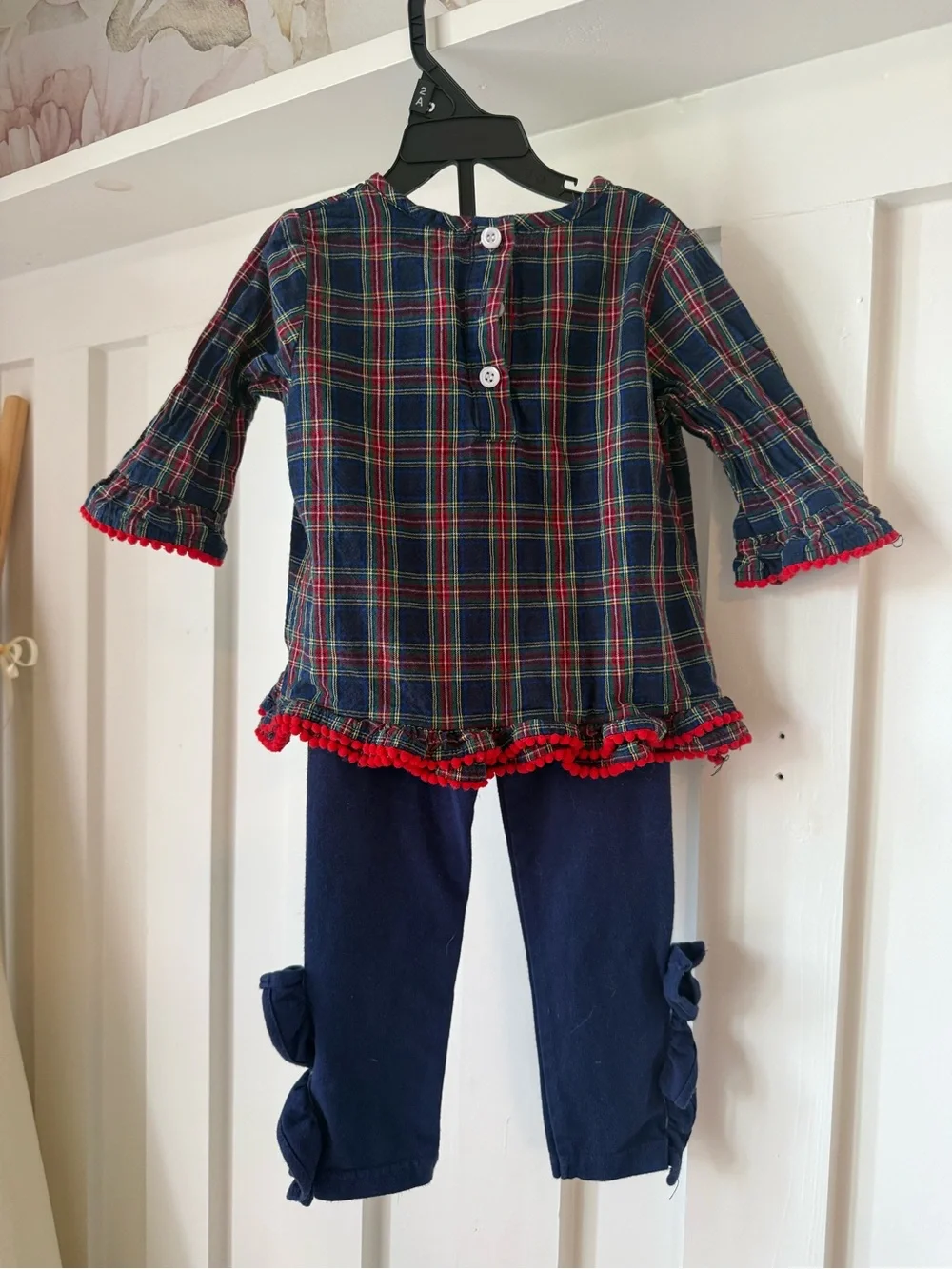 Girls' Navy Plaid Santa Applique Holiday Top
